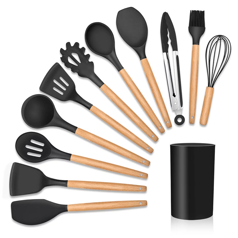 12pcs Heat-Resistant Silicone and Wood Kitchen Cooking Utensil Set_0